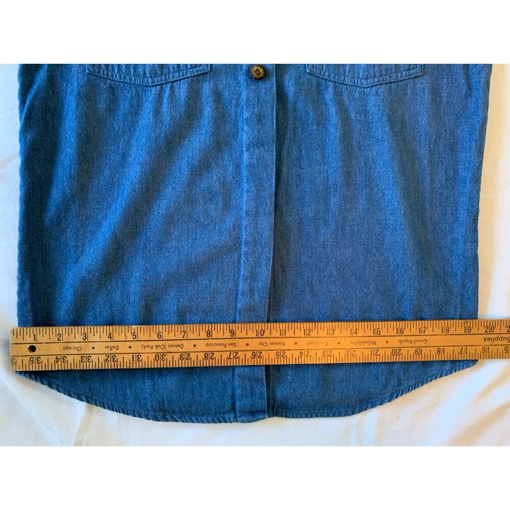 Vtg Koret Crochet Granny Square Blue Denim Button Up Shirt Size PS Boho Cottage - Picture 12 of 15